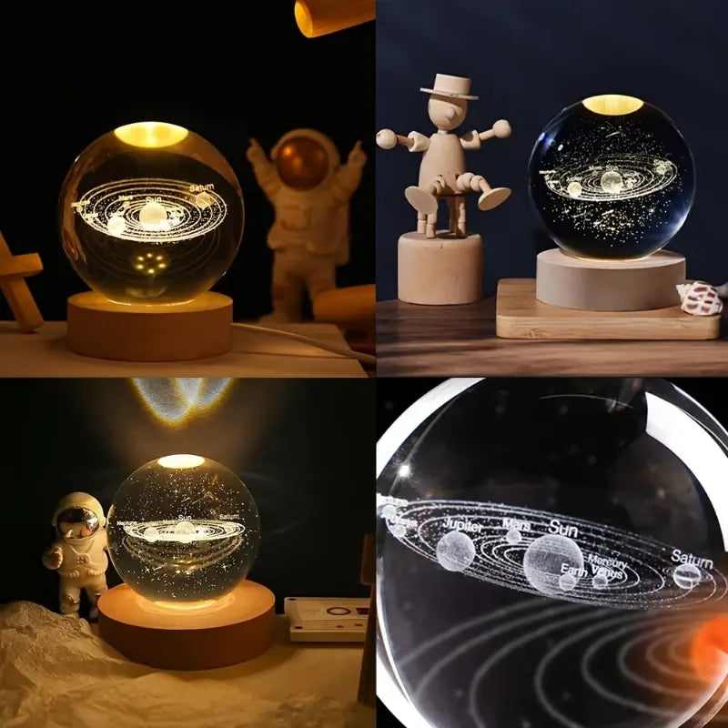 Close-up view of the wooden base of the crystal ball lamp
