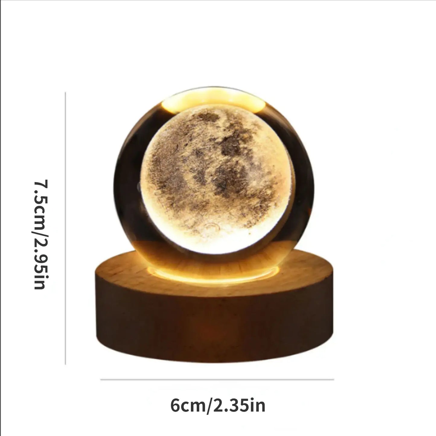 Dimension of Moon crystal ball lamp lighting up for a cozy decorated room