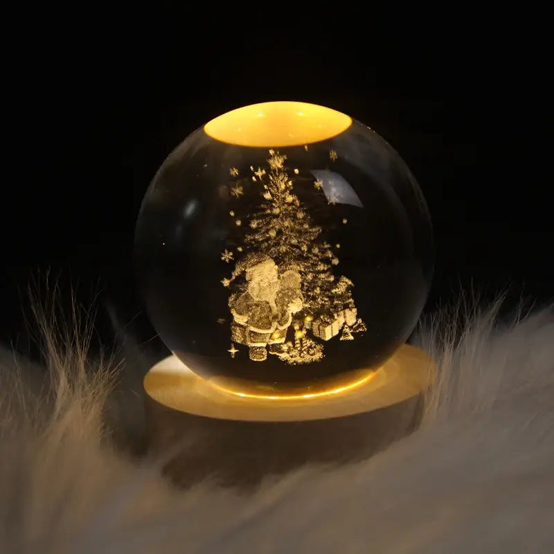 3D Santa Claus crystal ball lamp glowing on wooden base