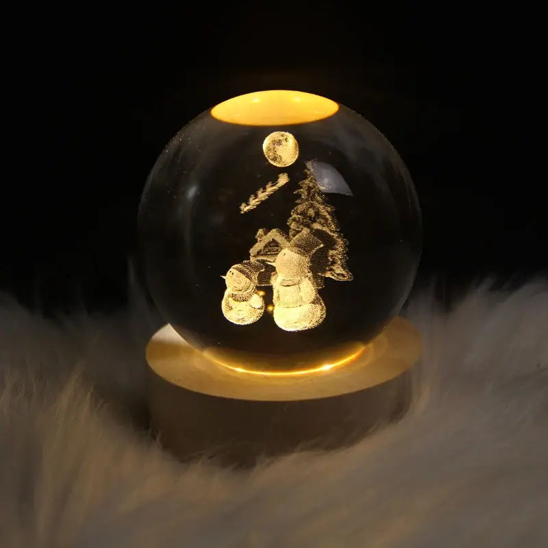 3D snowman crystal ball lamp glowing on wooden base