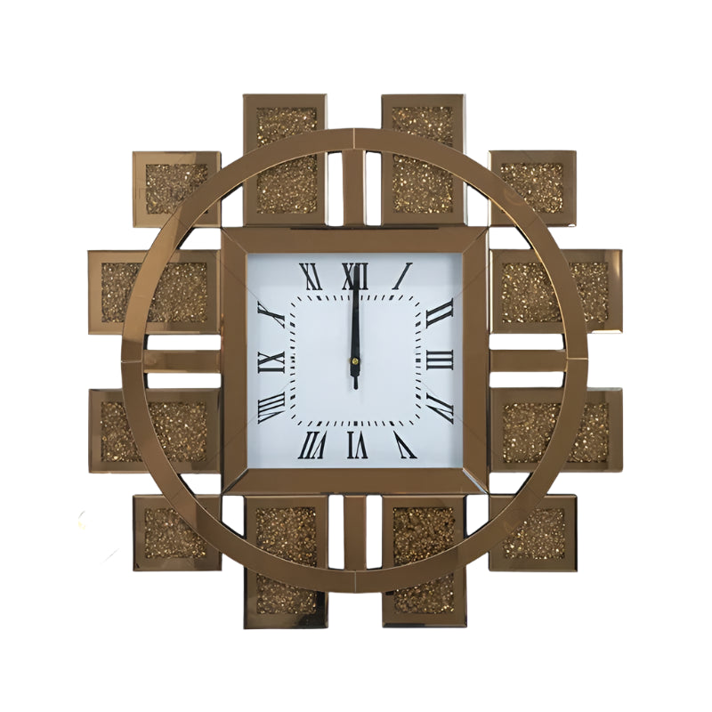 Luxury crystal wall clock with brown frame, hand-placed crystals, and silent quartz movement, perfect for elegant home decor.