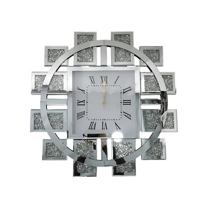 Luxury crystal wall clock with mirrored silver frame and silent quartz movement, displayed on a white background