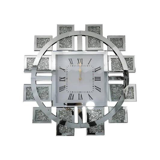 Luxury crystal wall clock with mirrored silver frame and silent quartz movement, displayed on a white background