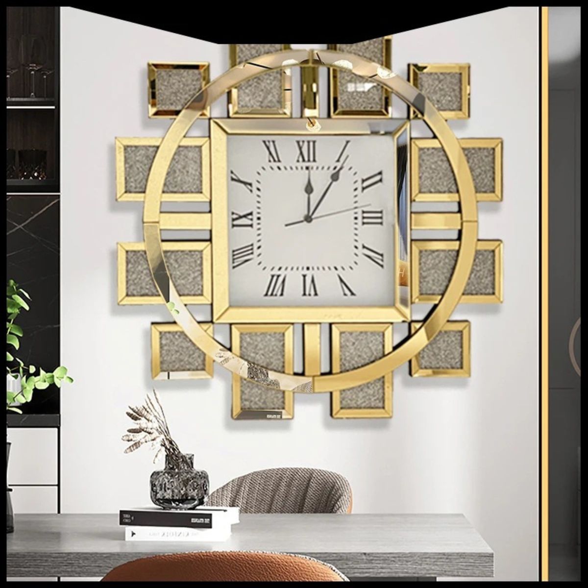 Luxury crystal gold wall clock mounted on a modern living room wall with mirrored details and Roman numerals.