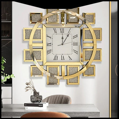 Luxury crystal gold wall clock mounted on a modern living room wall with mirrored details and Roman numerals.
