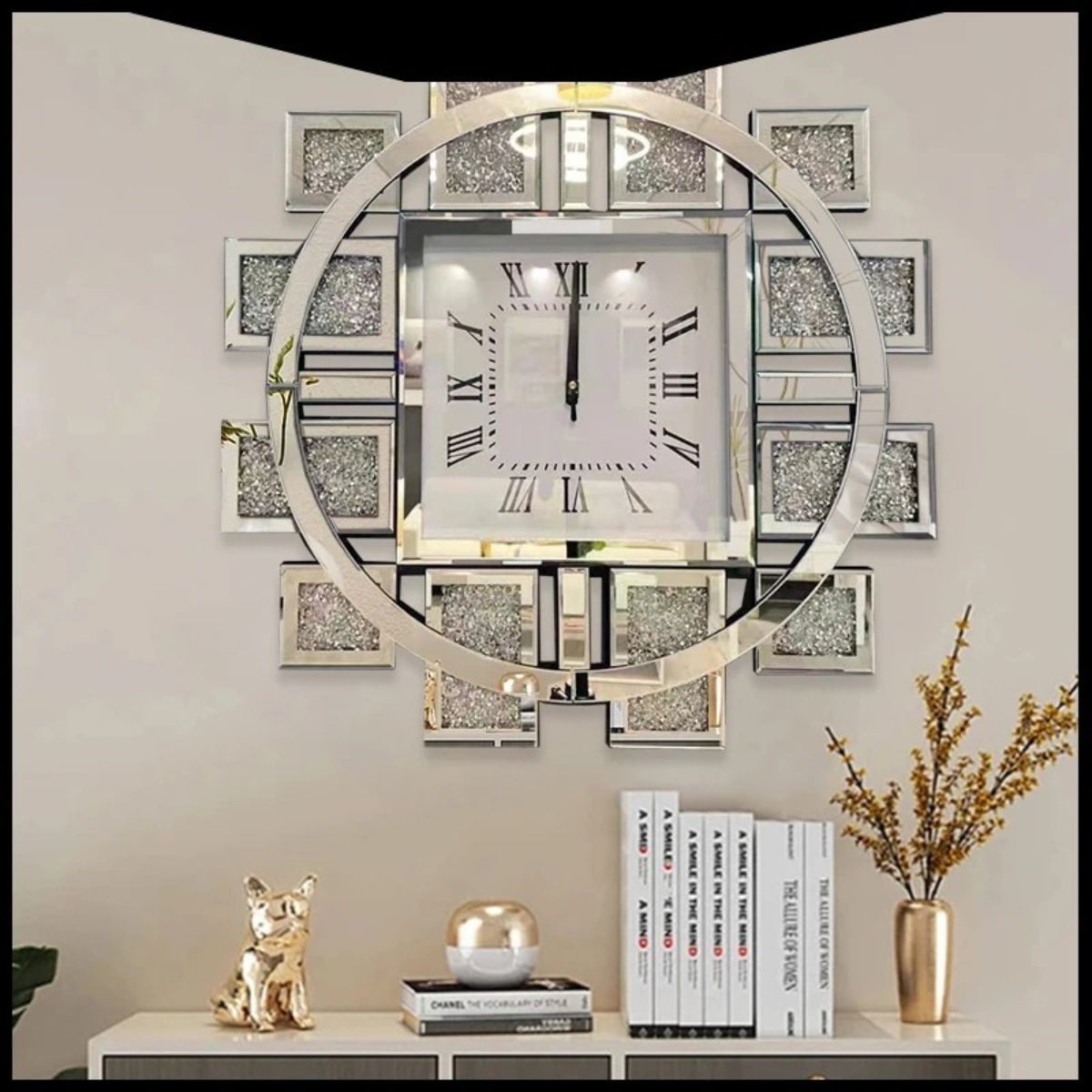 Luxury crystal wall clock mounted on a modern living room wall with mirrored details and Roman numerals