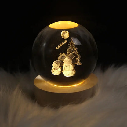 3D snowman crystal ball lamp glowing on wooden base